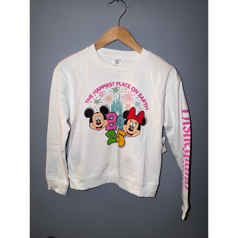 Disney Parks Mickey Minnie 2025 Happiest Place On Earth White Sweatshirt 11/12